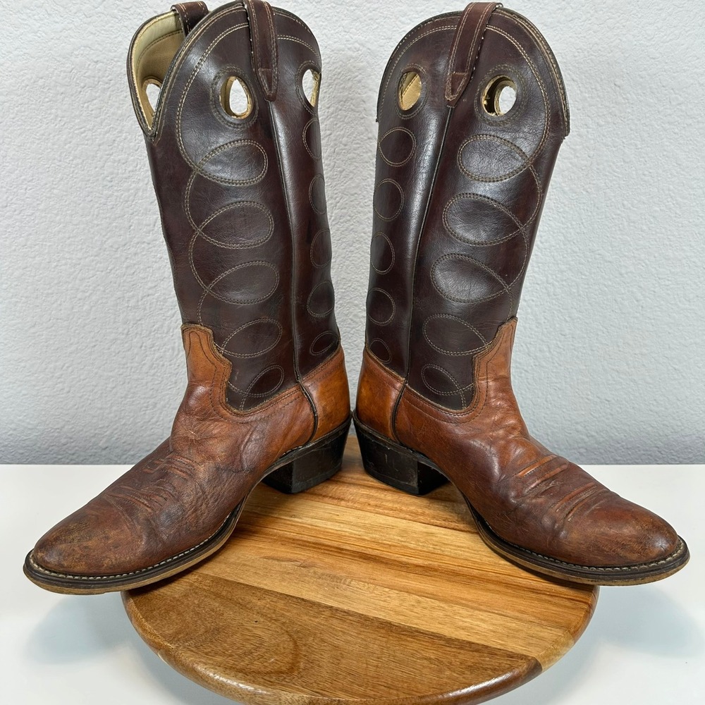 VTG Acme Western Cowboy Boots Brown Pull On Men's 9 D USA Round Toe Rodeo 2 Tone - Picture 6 of 10